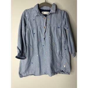 Zara Baby Girls Preppy Blue White Pinstripe Embroidered Henley Shirt Top 3T/4T
